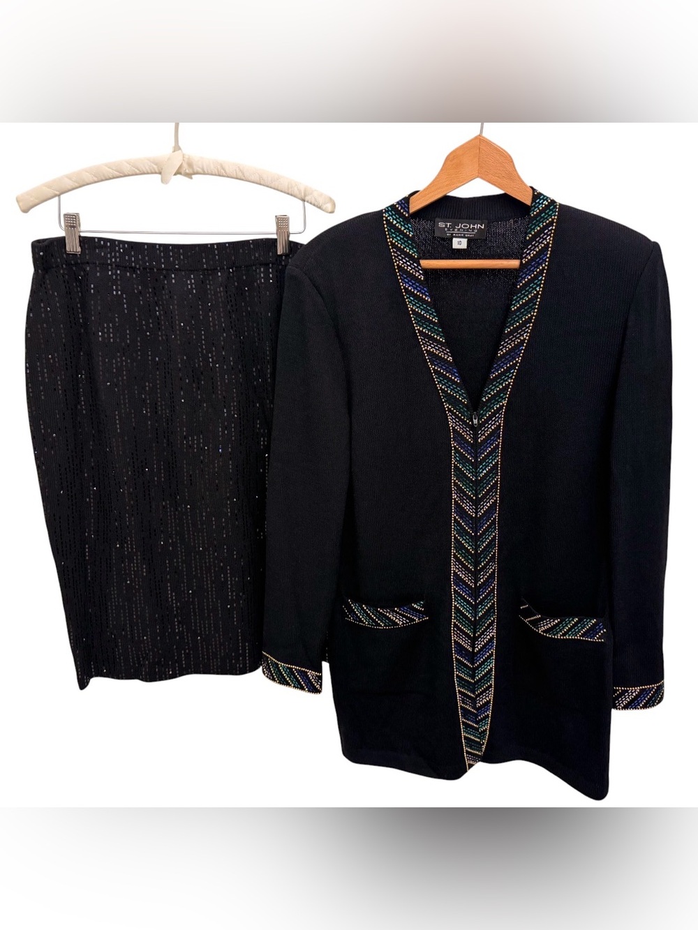 ST. JOHN Evening Marie Gray Vtg Beaded Chevron Jacket & Sequin Skirt Set - 10